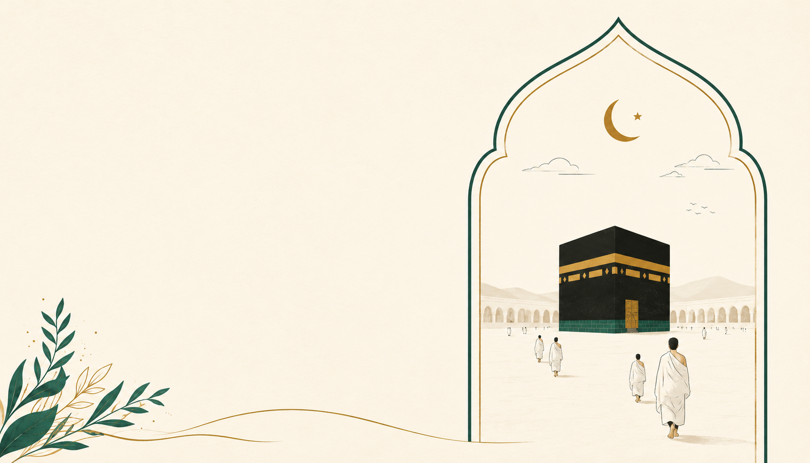 Kemer içinde Kabe silueti, ihramlı yolcular ve zeytin dallarından oluşan sıcak tonda illüstrasyon